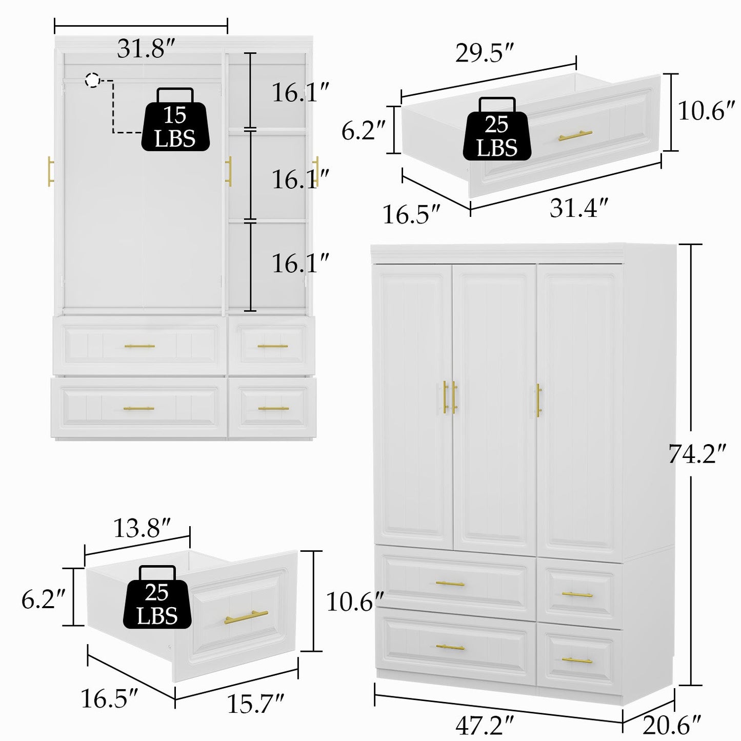 Armoire de rangement pour vêtements avec poignées en métal pour petits espaces