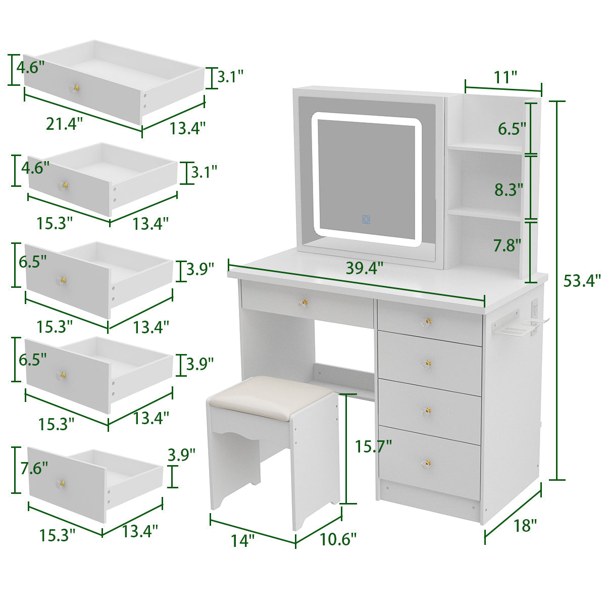 Coiffeuse avec miroir lumineux et prise électrique 