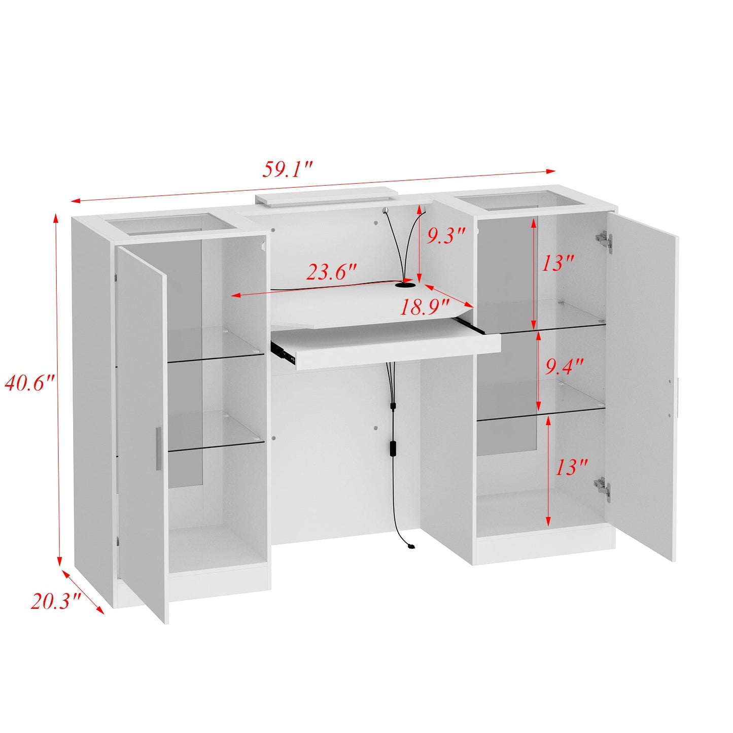 Comptoir d'accueil de 150 cm de large avec vitrines, éclairage LED et verre transparent