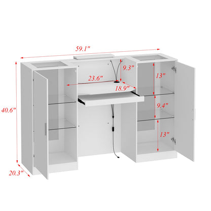 Comptoir d'accueil de 150 cm de large avec vitrines, éclairage LED et verre transparent