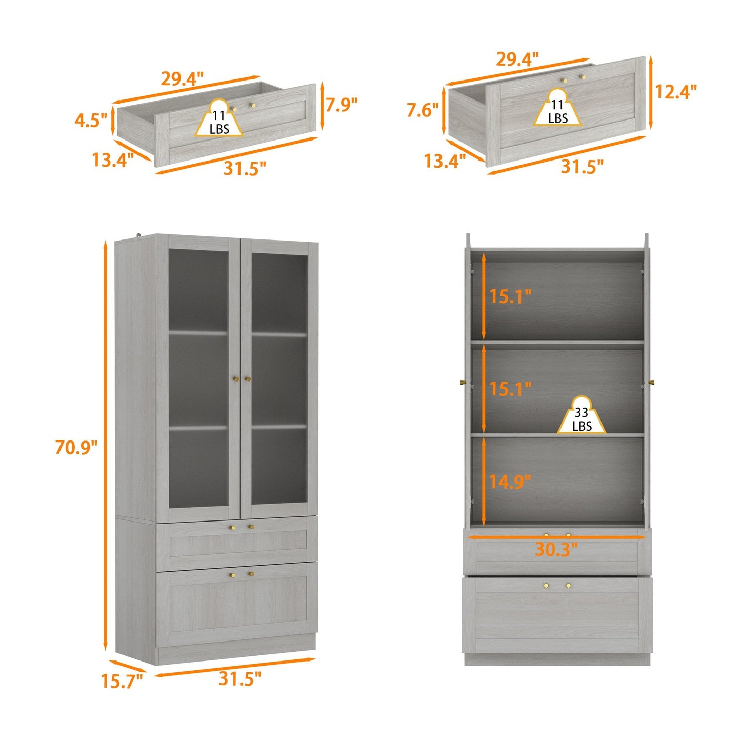 Bibliothèque modulaire à 4 tiroirs avec portes en verre dépoli, 71 po H x 126 po L