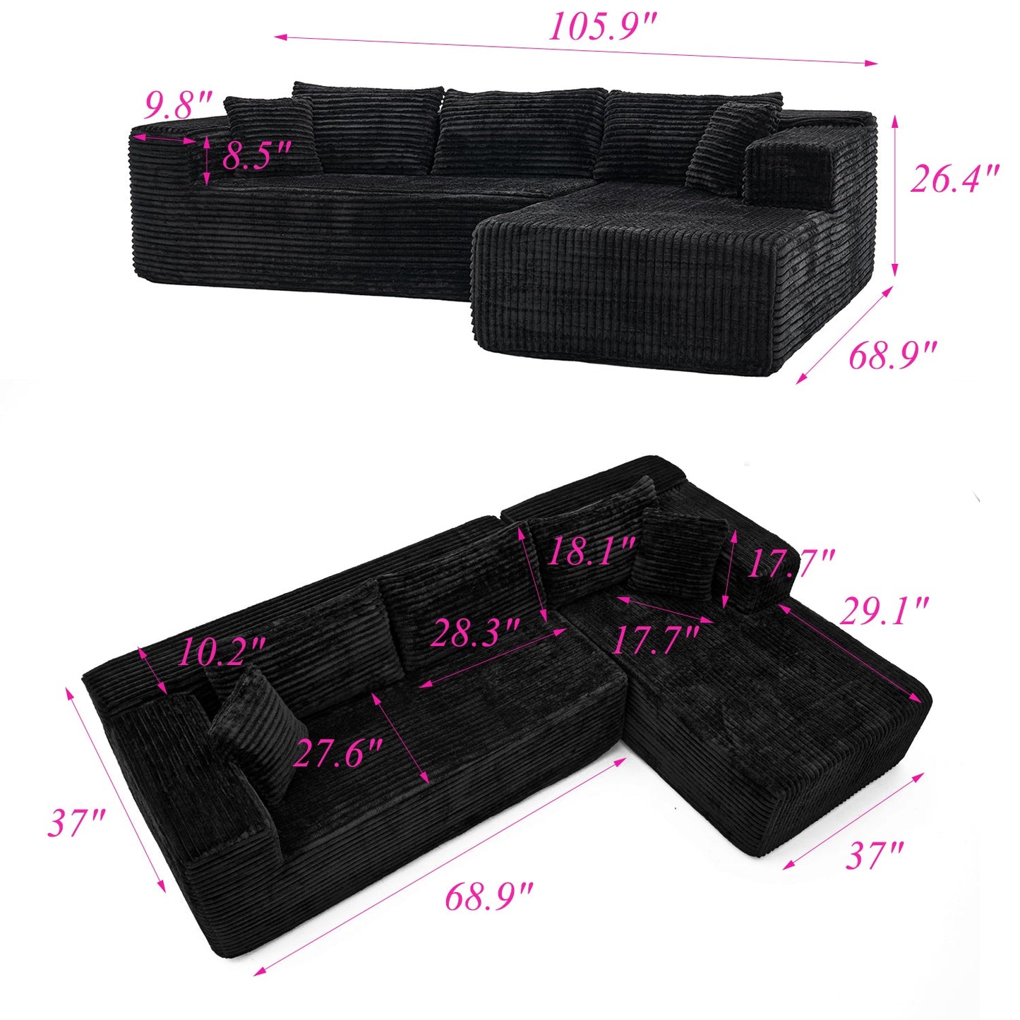 Canapé-lit rembourré de 106 pouces de large avec accoudoirs et deux coussins