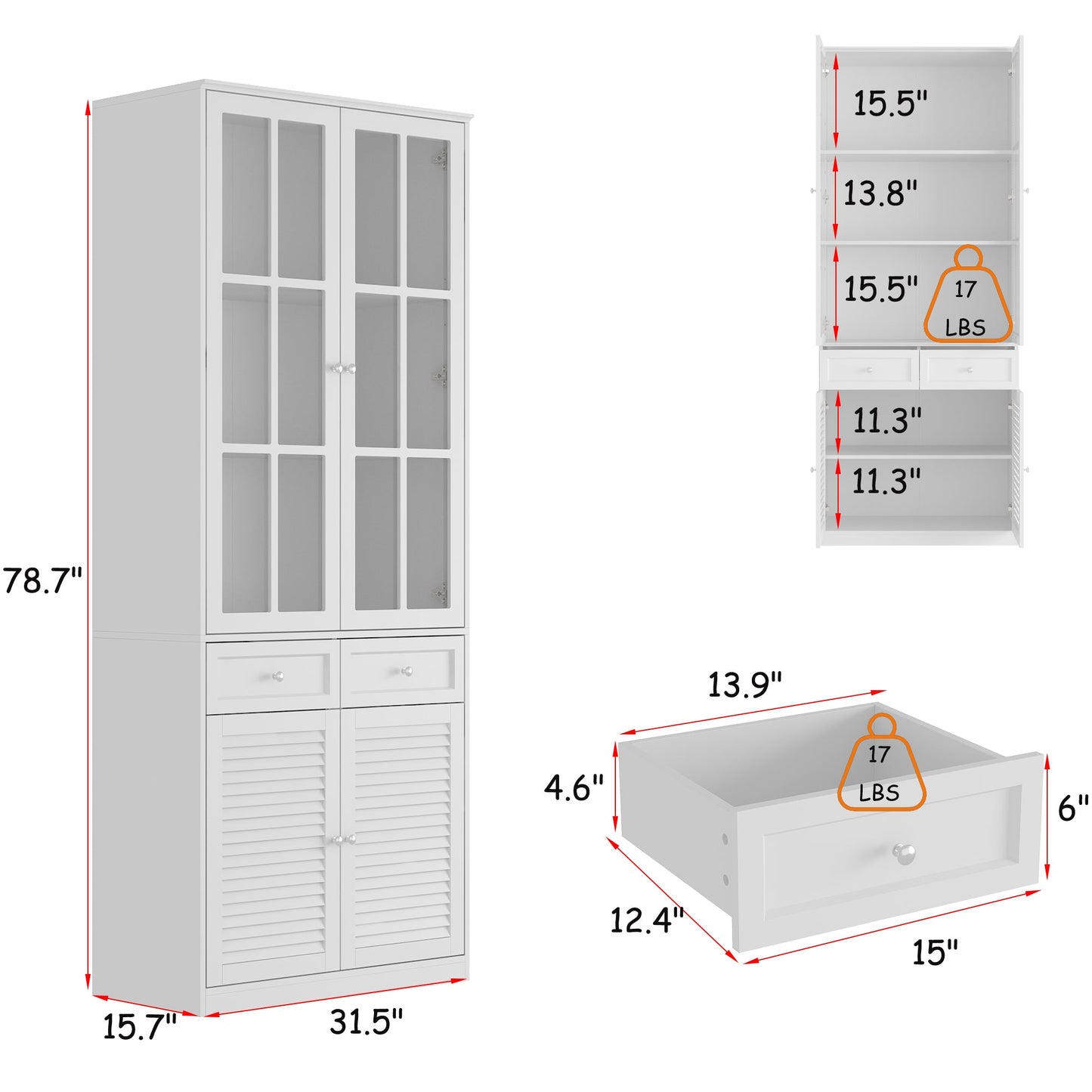 Bibliothèque avec portes vitrées et tiroirs, 78,7 po H x 31,5 po L