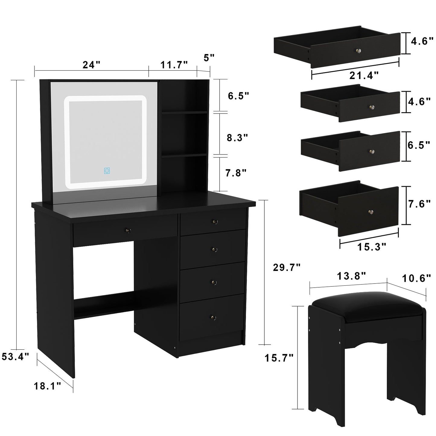 Ensemble coiffeuse avec miroir coulissant éclairé, tabouret rembourré, 5 tiroirs et étagères