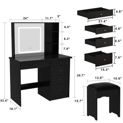 Ensemble coiffeuse avec miroir coulissant éclairé, tabouret rembourré, 5 tiroirs et étagères