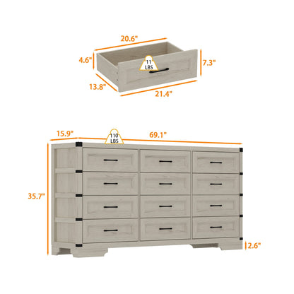 Commode rustique en bois de style campagnard, 12 tiroirs, 175,5 cm de large