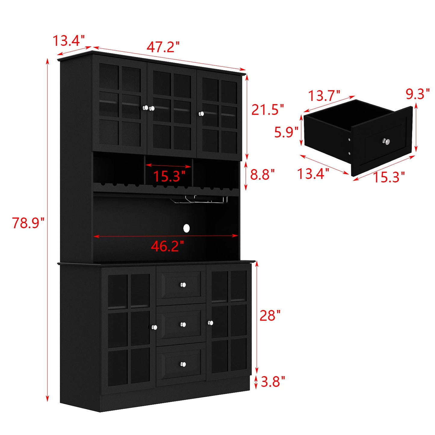 Buffet bar avec porte vitrée, vaisselier de cuisine avec tiroirs, porte-verres et casier à vin