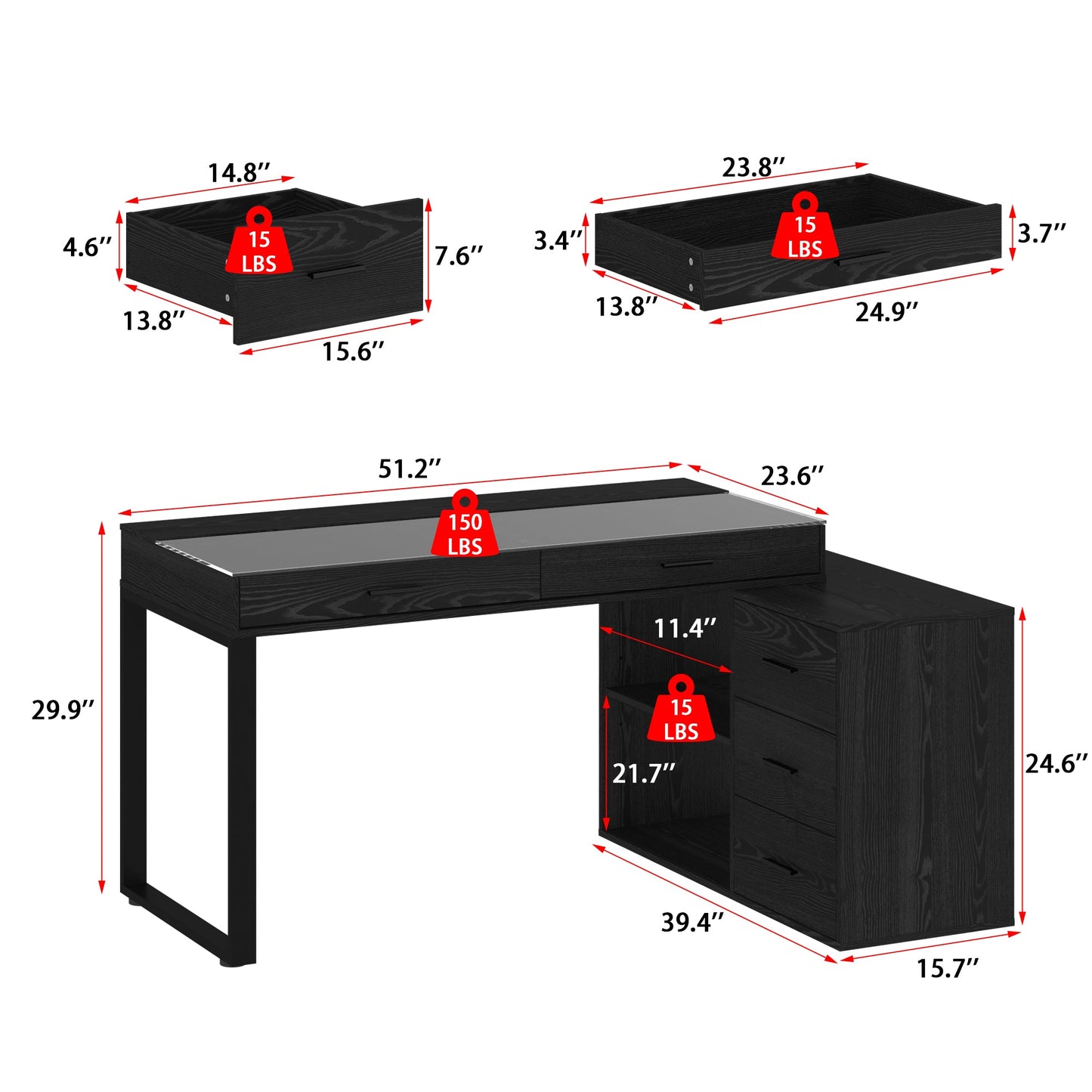 Bureau d'ordinateur à 5 tiroirs de 149 cm de large avec plateau en verre