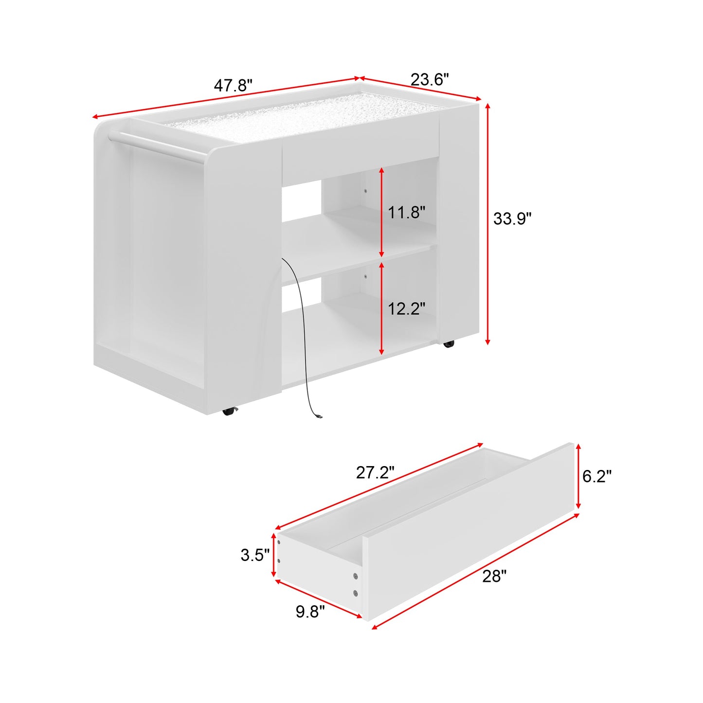 Îlot de cuisine de 47,8 cm de large avec plateau en verre et éclairage intégré