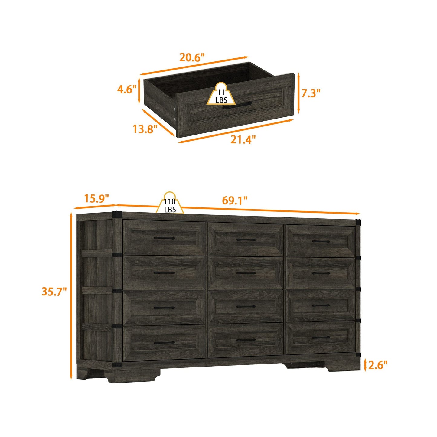 Commode rustique en bois de style campagnard, 12 tiroirs, 175,5 cm de large