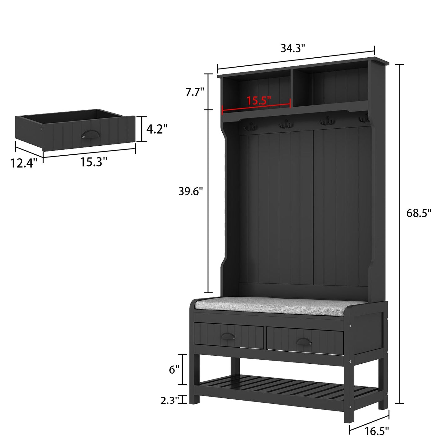 Meuble d'entrée moderne 4 en 1 avec banc de rangement, porte-manteau, étagères et tiroirs pour entrée ou salon