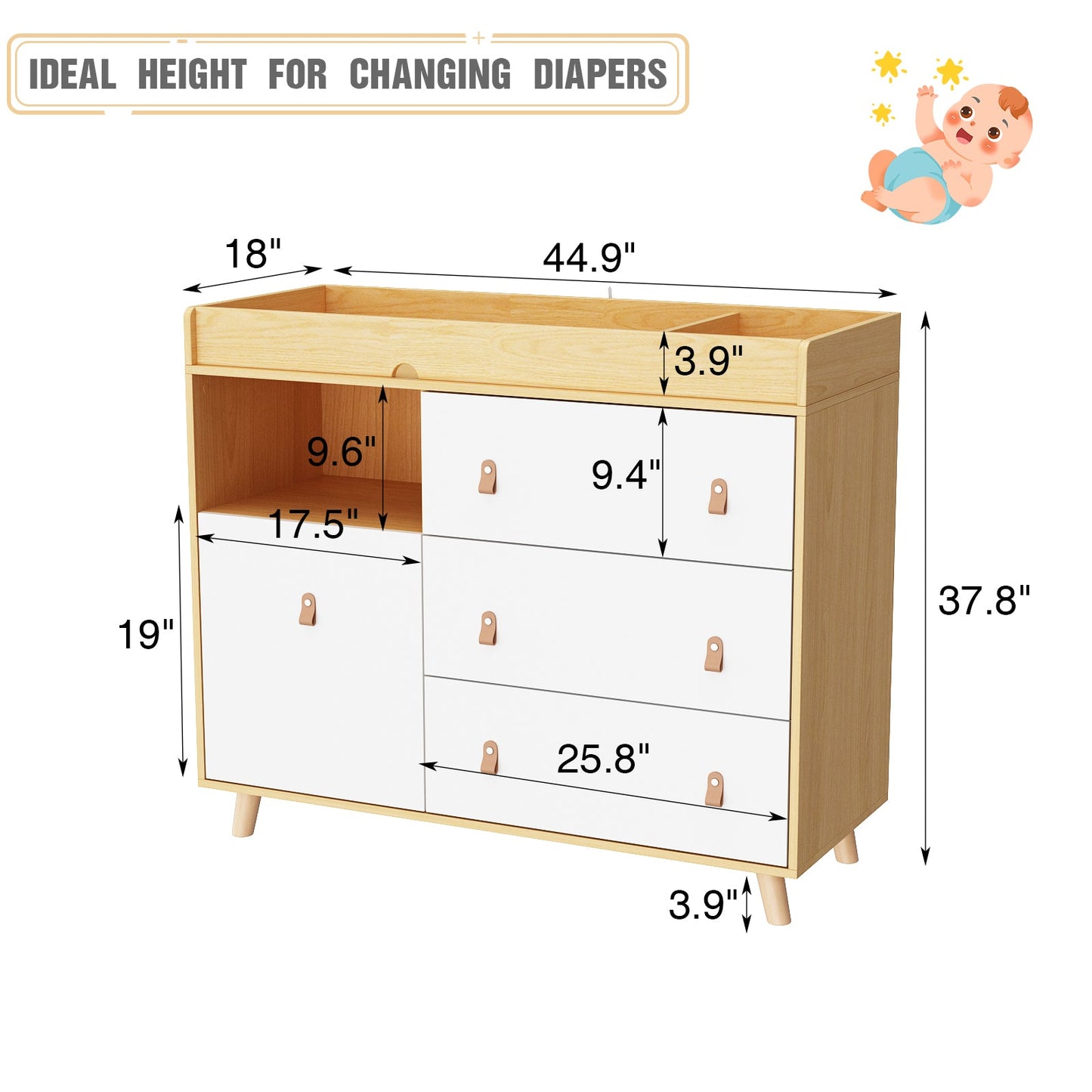 Table à langer pour bébé, commode à 4 tiroirs pour chambre d'enfant, table à langer