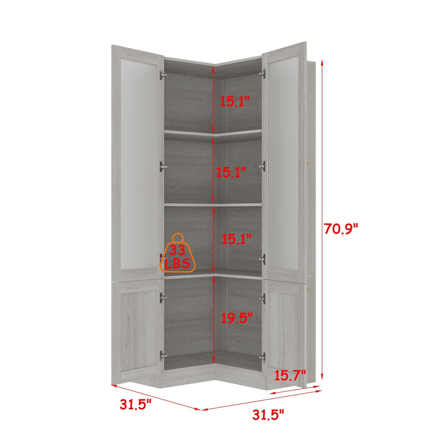 Bibliothèque modulaire à 4 tiroirs avec portes en verre dépoli, 71 po H x 126 po L
