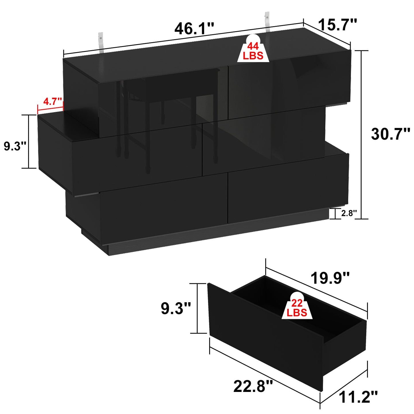 Commode double laquée brillante, buffet à 6 tiroirs pour salon