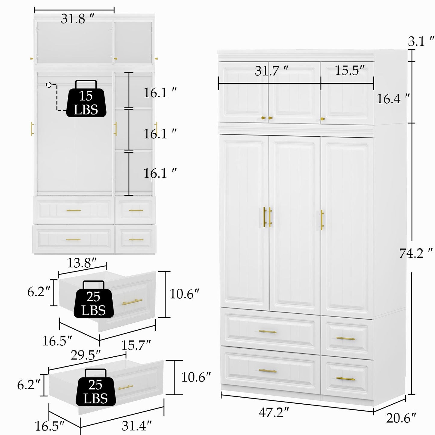Armoire de rangement pour vêtements avec poignées en métal pour petits espaces