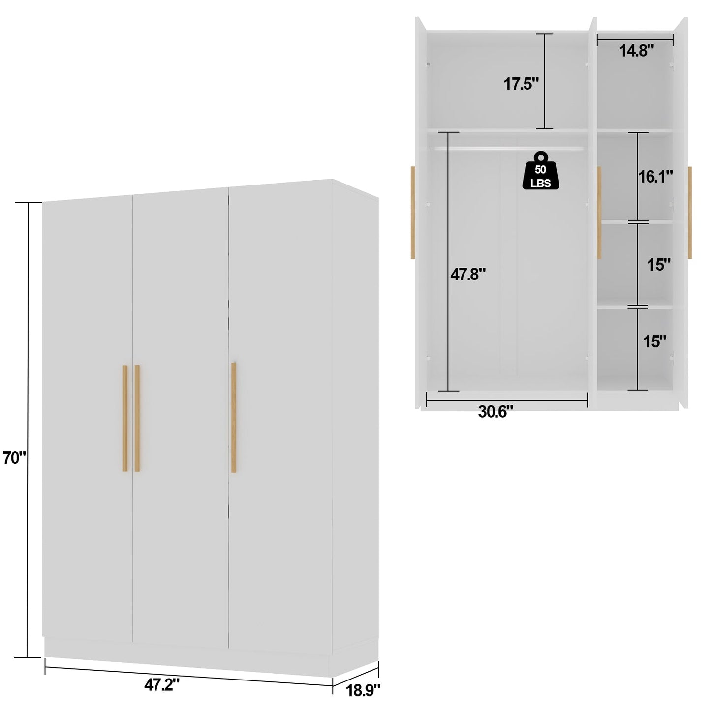 Armoire de rangement en bois manufacturé, grande penderie familiale avec barres de suspension