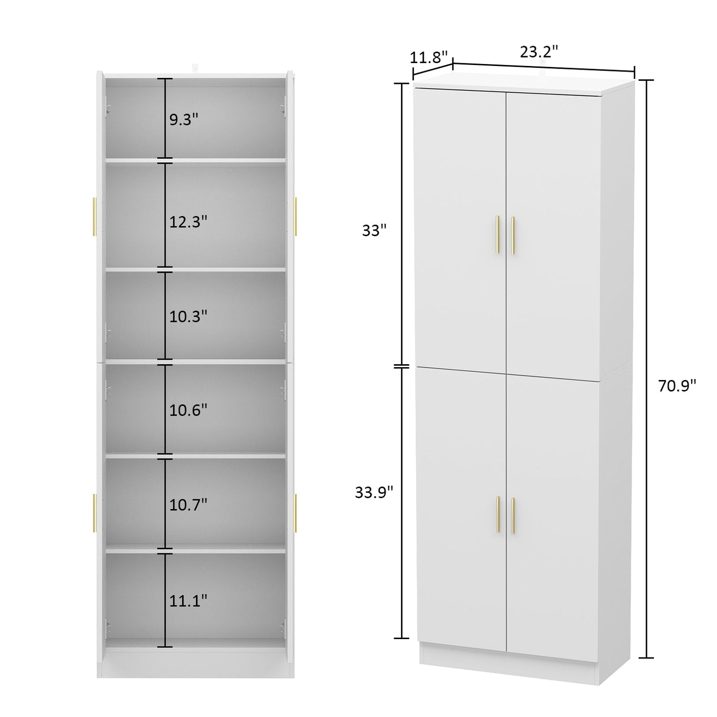 Armoire de rangement blanche à 6 étagères, compartiments réglables et étagère haute
