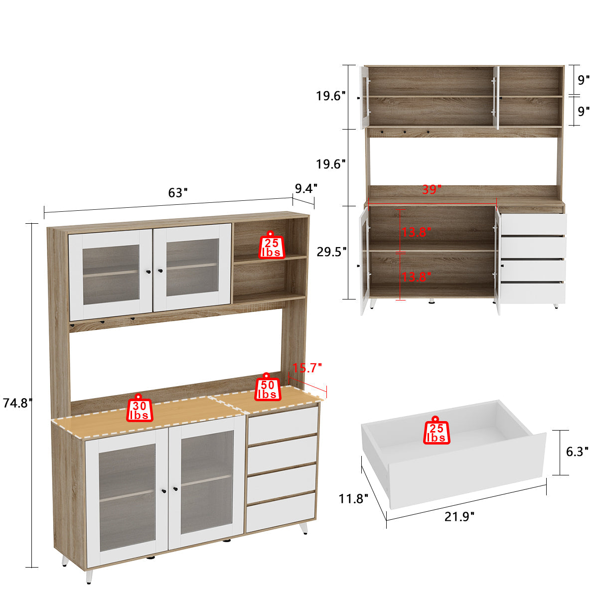 Grand placard de rangement de cuisine 63W avec étagère supérieure, 4 portes, 4 tiroirs et étagère pour micro-ondes 