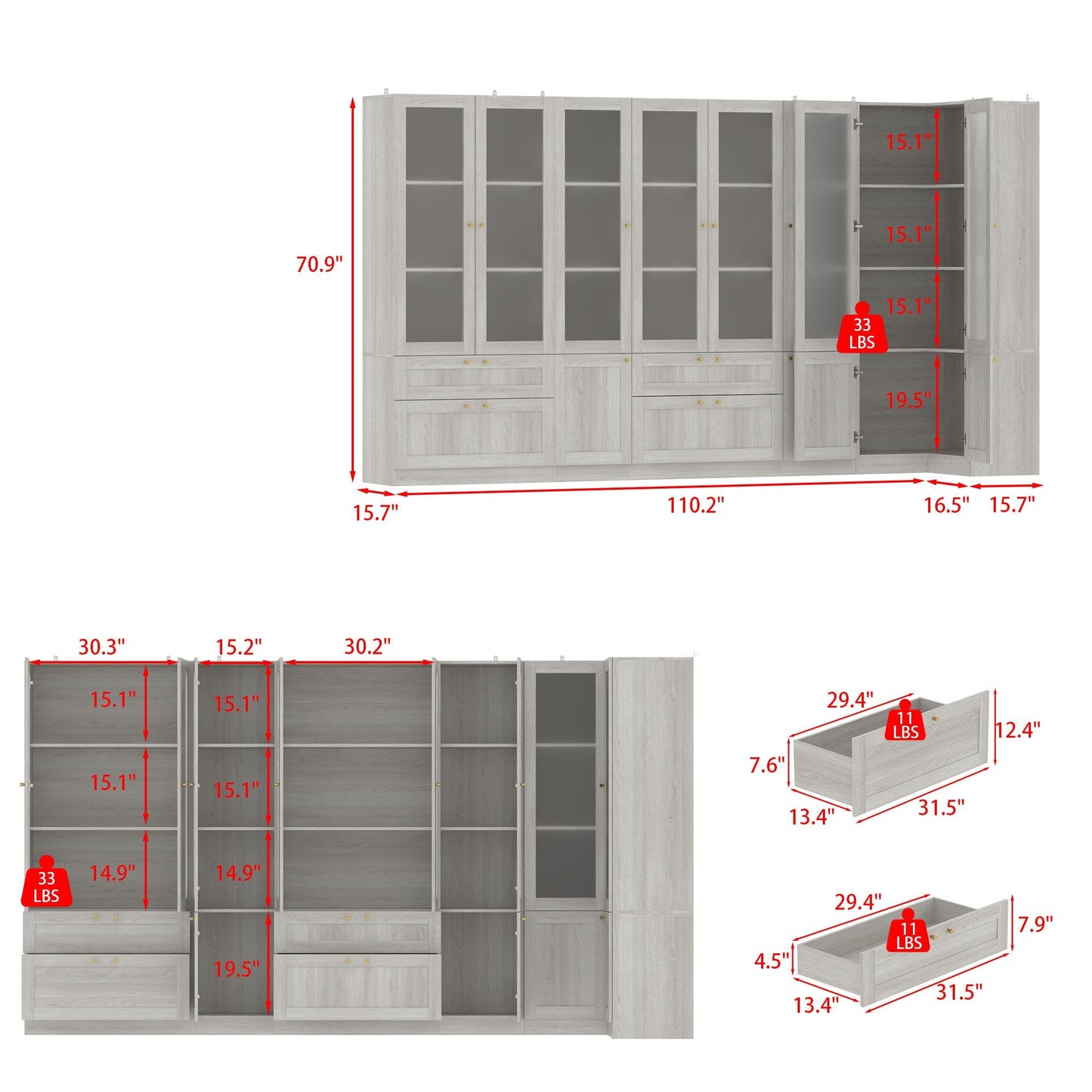 Bibliothèque modulaire à 4 tiroirs avec portes en verre dépoli, 71 po H x 126 po L