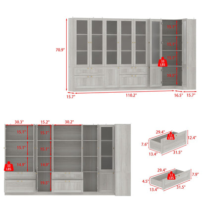 Bibliothèque modulaire à 4 tiroirs avec portes en verre dépoli, 71 po H x 126 po L