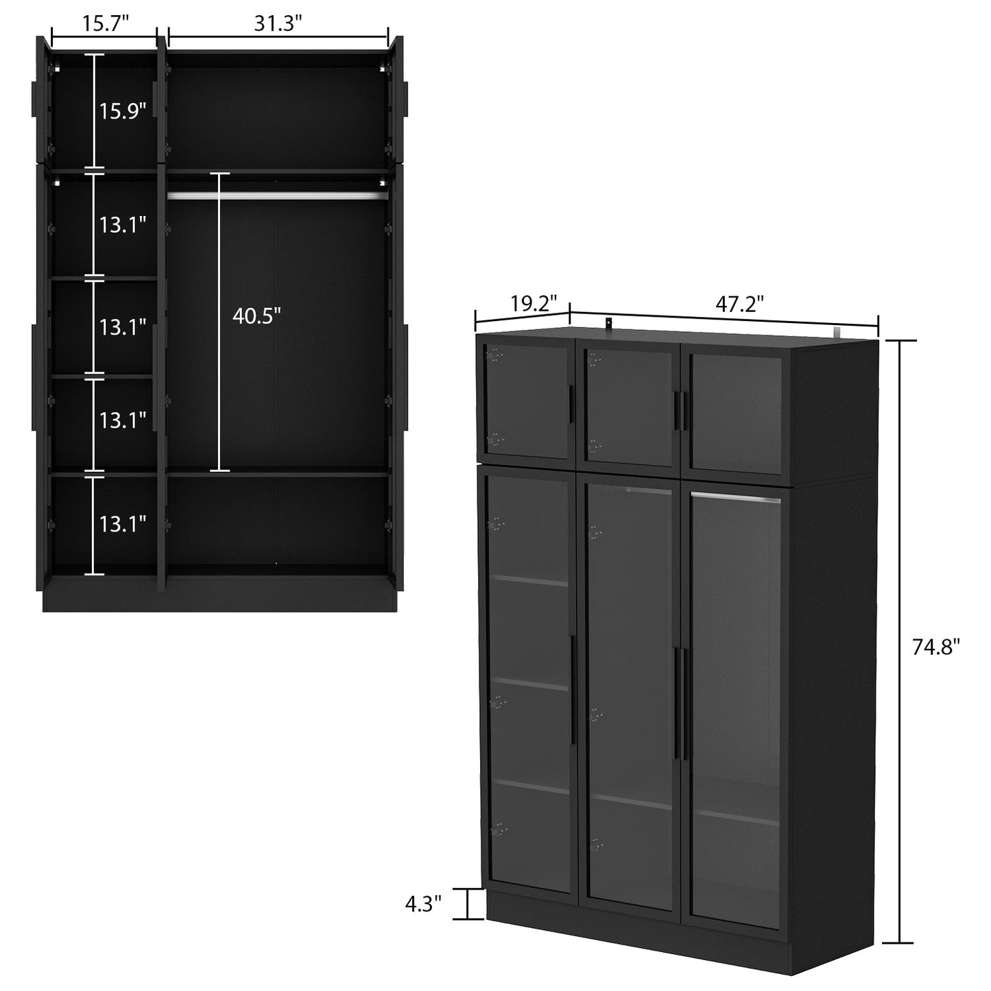 Grande armoire de chambre à coucher avec rangement pour vêtements, éclairage LED et portes vitrées