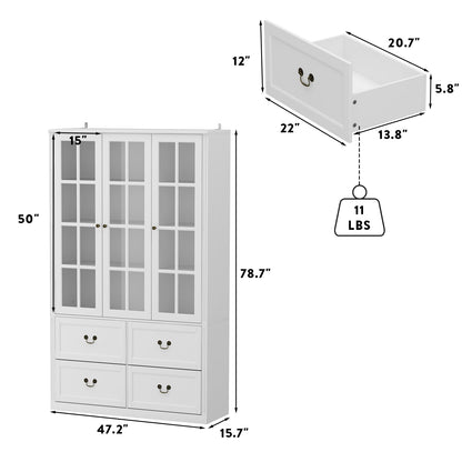Grande bibliothèque vitrine avec étagères de rangement, 3 portes vitrées et 4 tiroirs avec poignées en métal