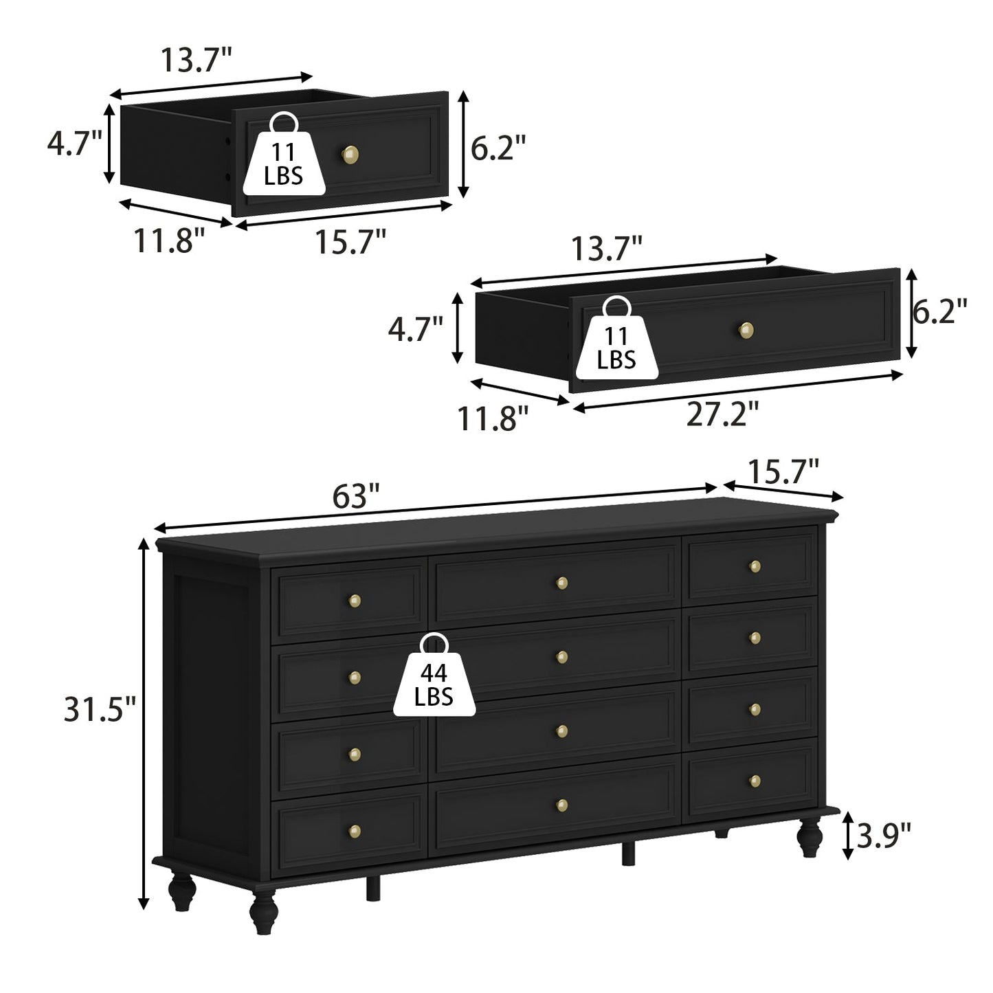 Commode à 12 tiroirs, commode triple, console large