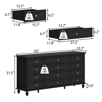 Commode à 12 tiroirs, commode triple, console large