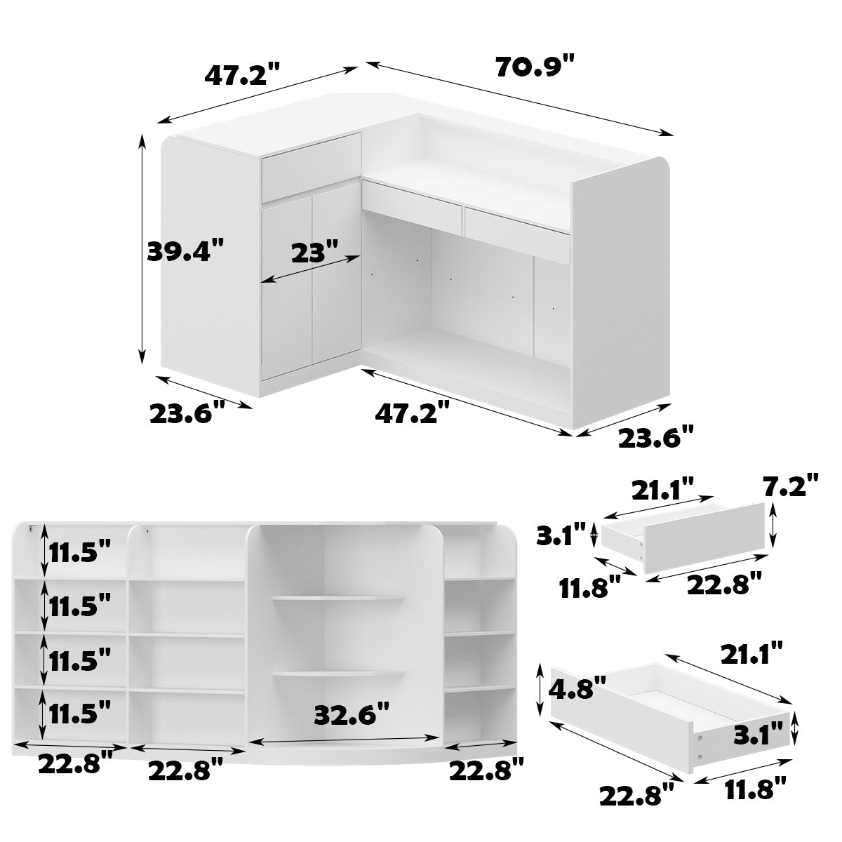 Grand comptoir d'accueil en forme de L avec 3 tiroirs