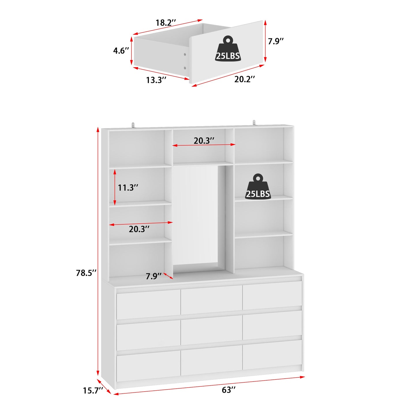Système de dressing élégant avec 9 tiroirs et miroir