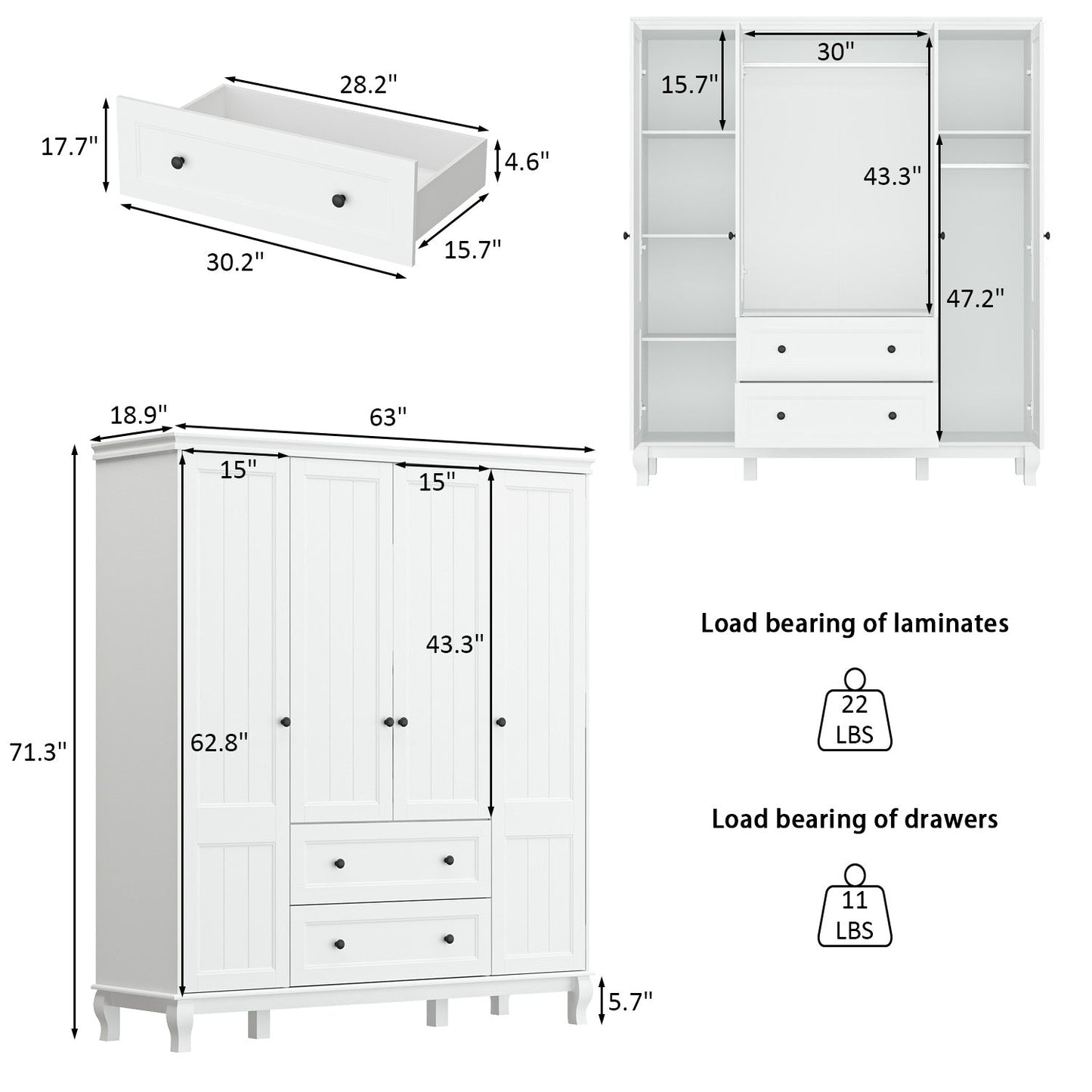 Armoire-penderie avec étagères et tiroirs de rangement, finition blanche, pour chambre à coucher
