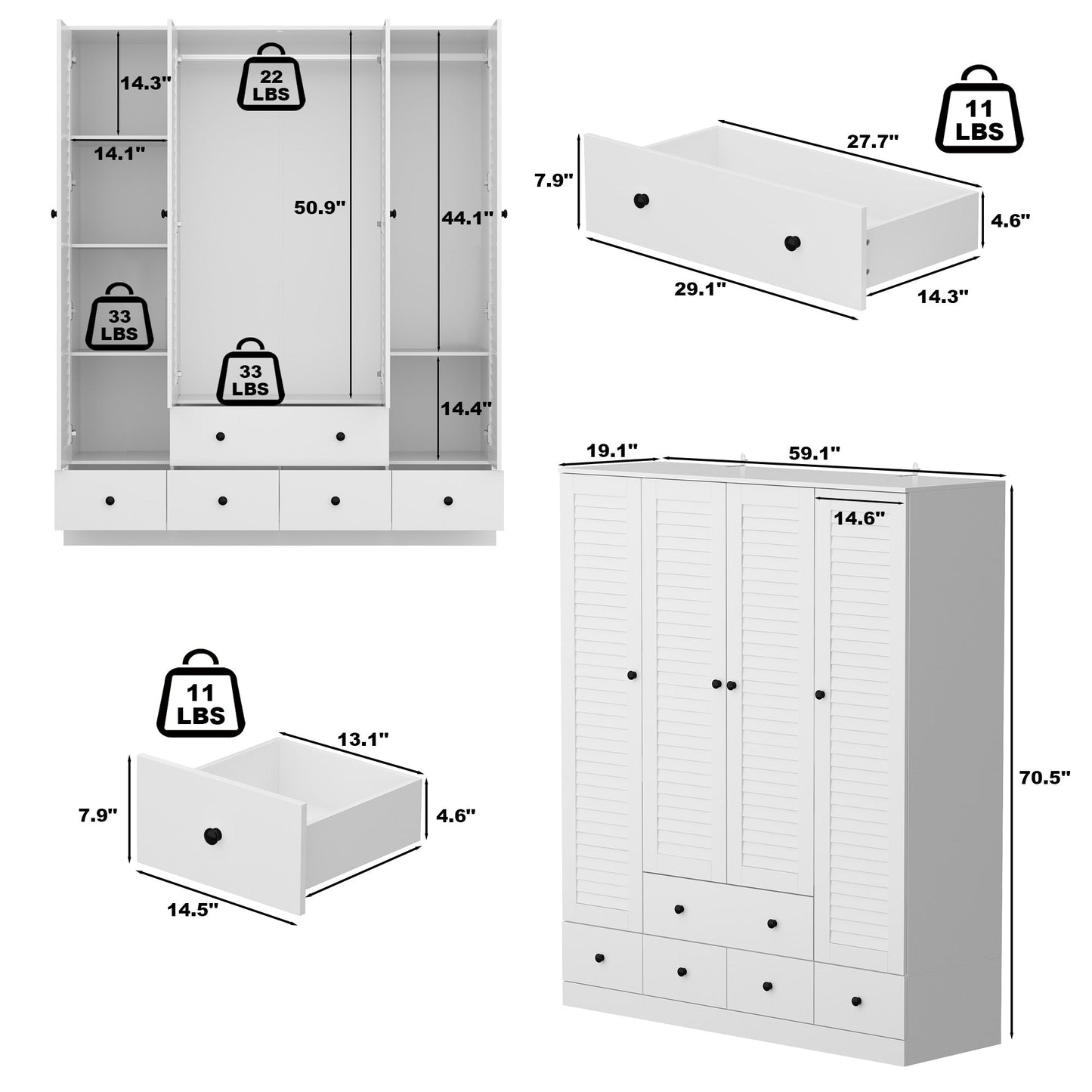 Grande armoire-penderie pour chambre à coucher, meuble de rangement à 4 portes et 5 tiroirs