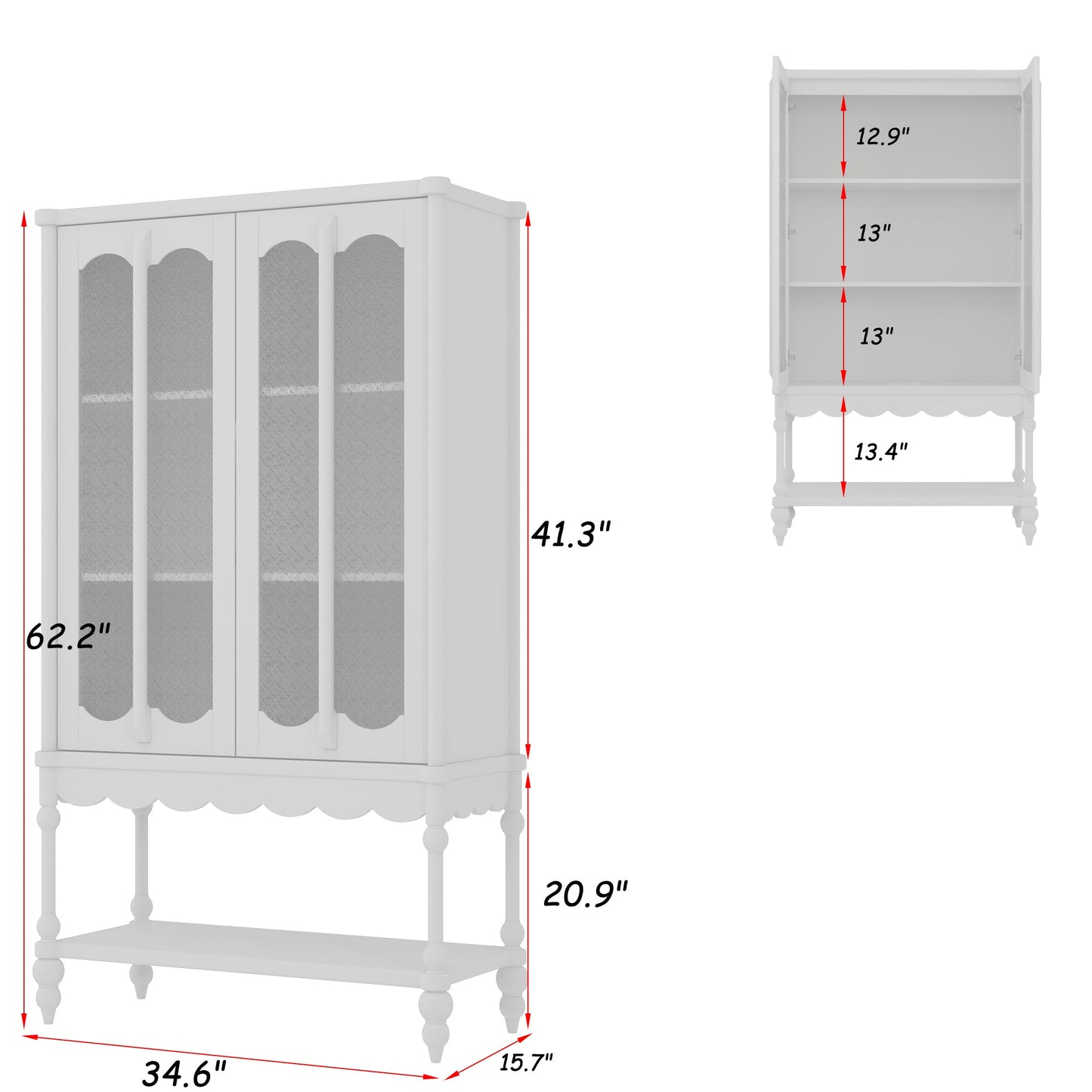 Vitrine de 158 cm de haut (62,2 po) avec portes vitrées, blanche