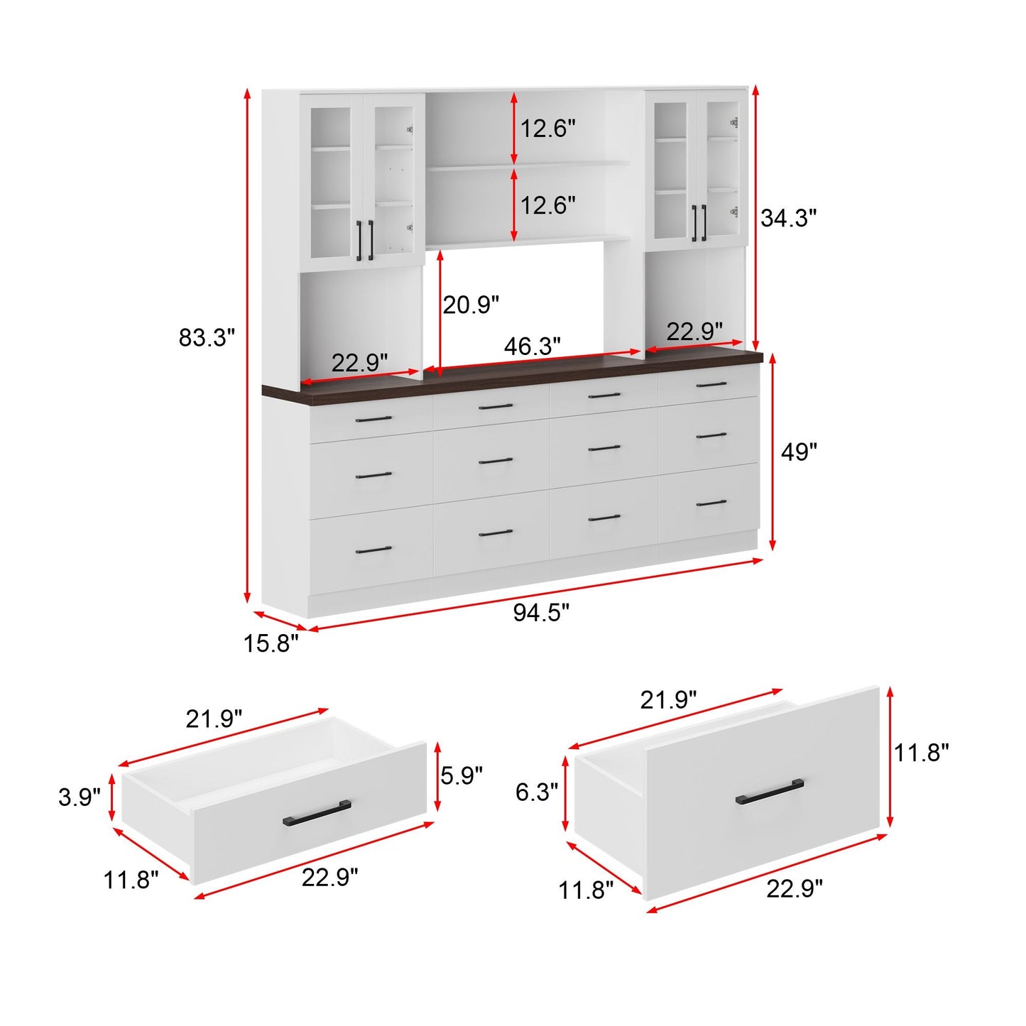 Buffet de cuisine de grande taille (94,5 po) avec garde-manger intégré