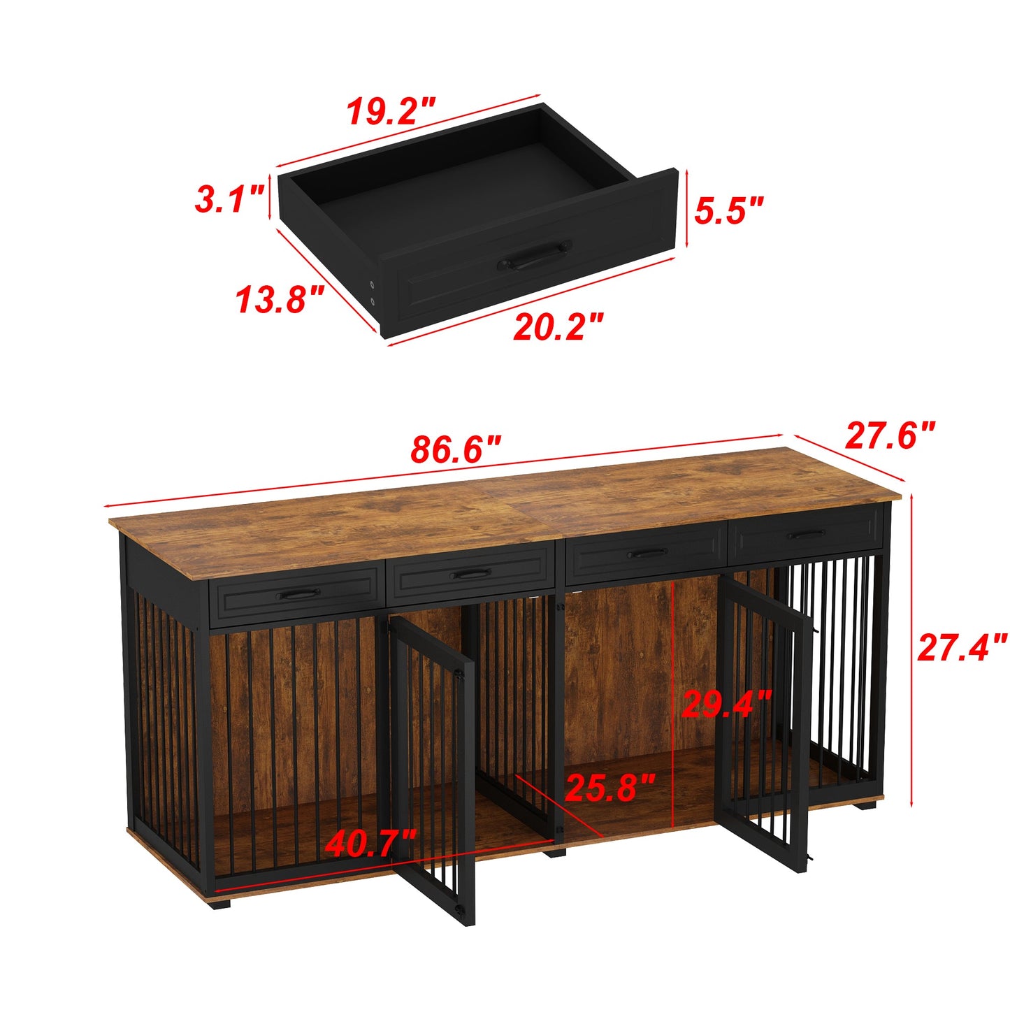 Grand meuble pour cage de chien avec 4 tiroirs et séparateurs