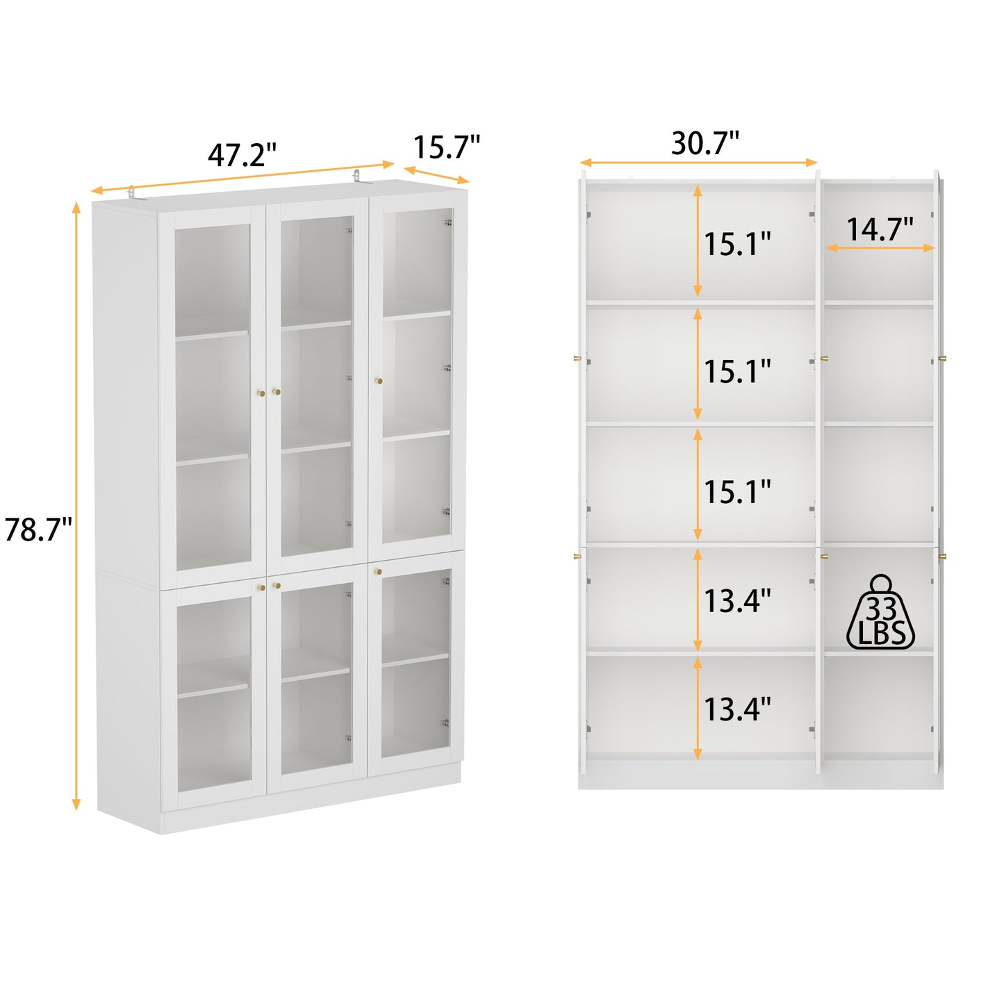 Bibliothèque haute à 6 portes vitrées et poignées coniques dorées