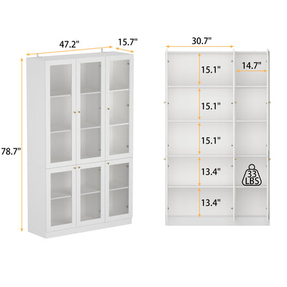 Bibliothèque haute à 6 portes vitrées et poignées coniques dorées