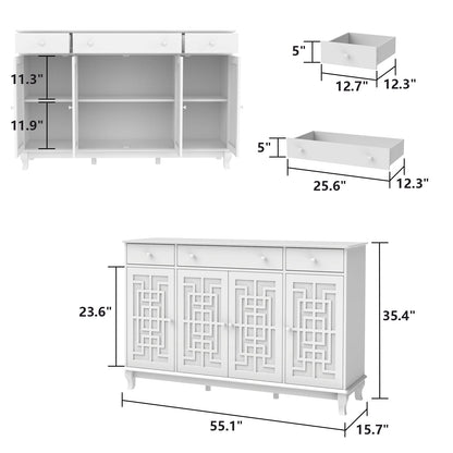Buffet de cuisine avec portes vitrées, 3 tiroirs et 6 compartiments de rangement