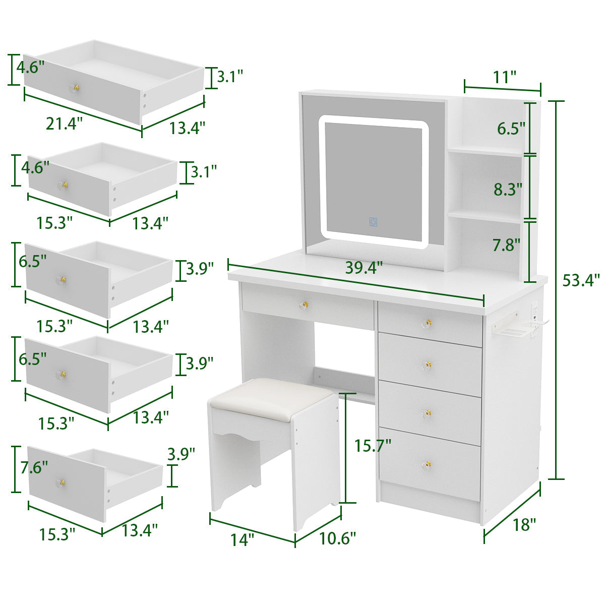 Coiffeuse avec miroir lumineux et prise électrique 