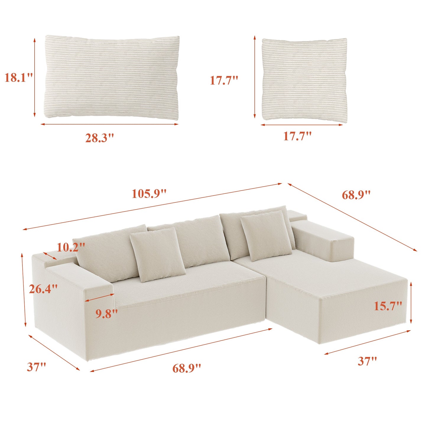 Canapé-lit rembourré de 106 pouces de large avec accoudoirs et deux coussins