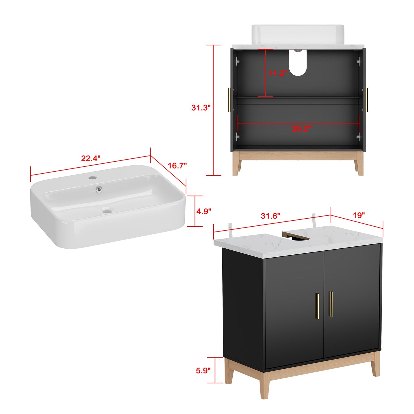 Meuble-lavabo simple sur pied avec plateau en bois composite