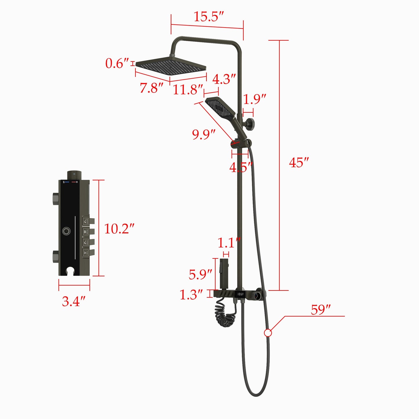 Système de douche avec robinetterie complète et affichage numérique de la température