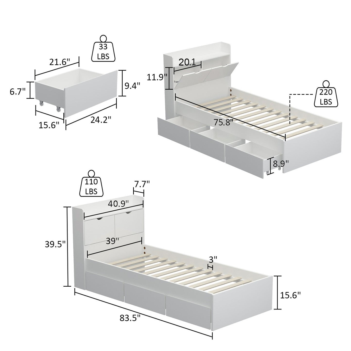 Lit plateforme Queen avec rangement, tête de lit de rangement et 2 tiroirs