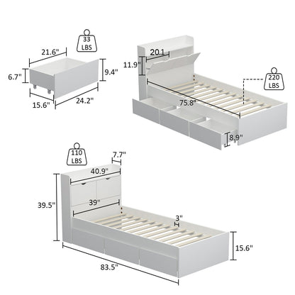 Lit plateforme Queen avec rangement, tête de lit de rangement et 2 tiroirs