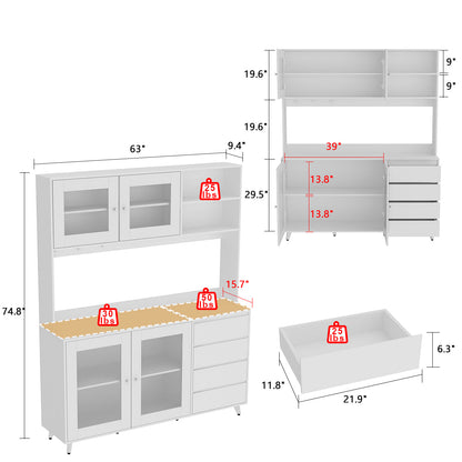 Grand placard de rangement de cuisine 63W avec étagère supérieure, 4 portes, 4 tiroirs et étagère pour micro-ondes 