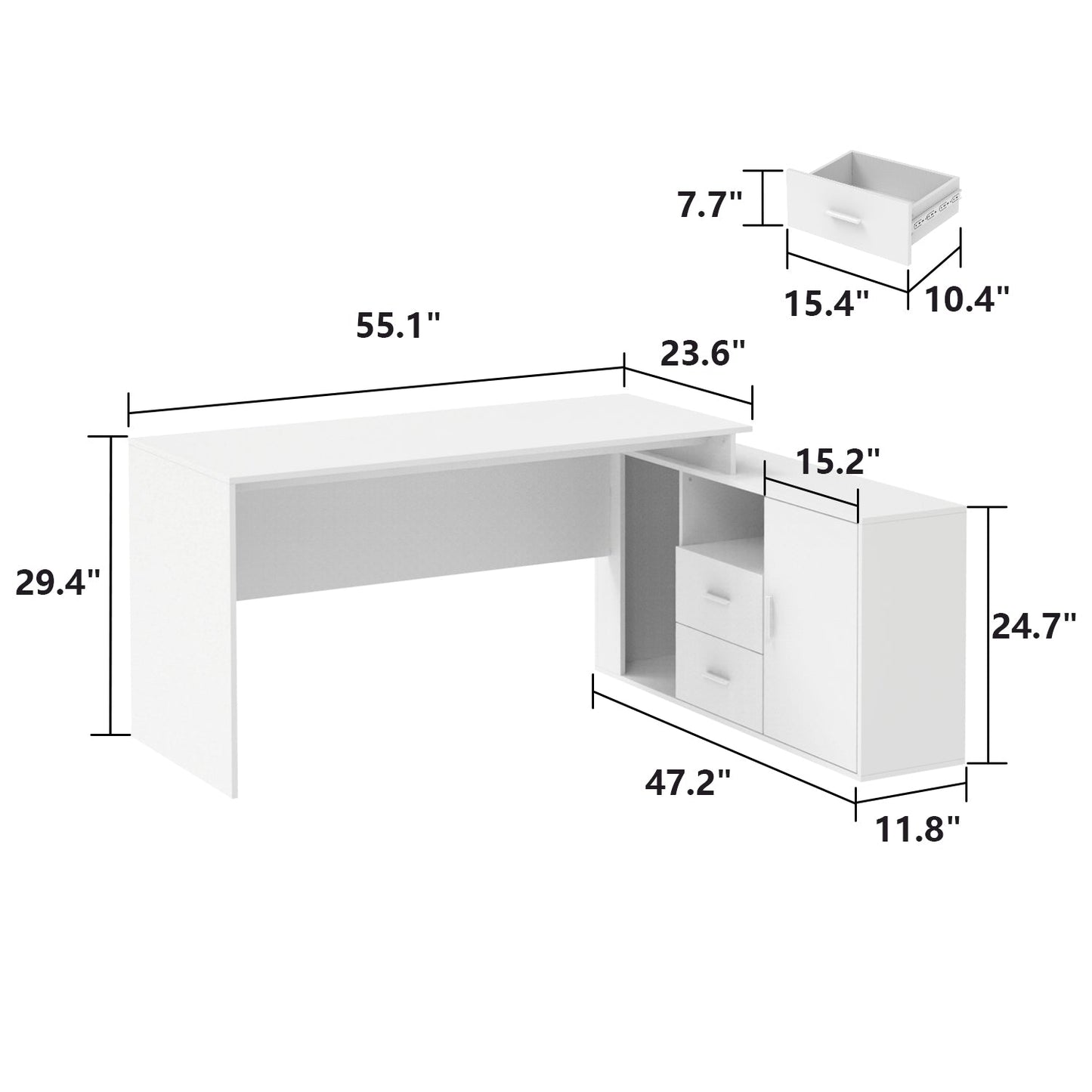 Bureau d'ordinateur en forme de L avec tiroirs et étagères, idéal pour écrire et jouer à domicile.