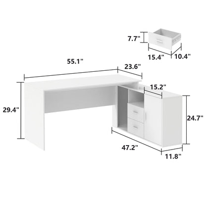 Bureau d'ordinateur en forme de L avec tiroirs et étagères, idéal pour écrire et jouer à domicile.