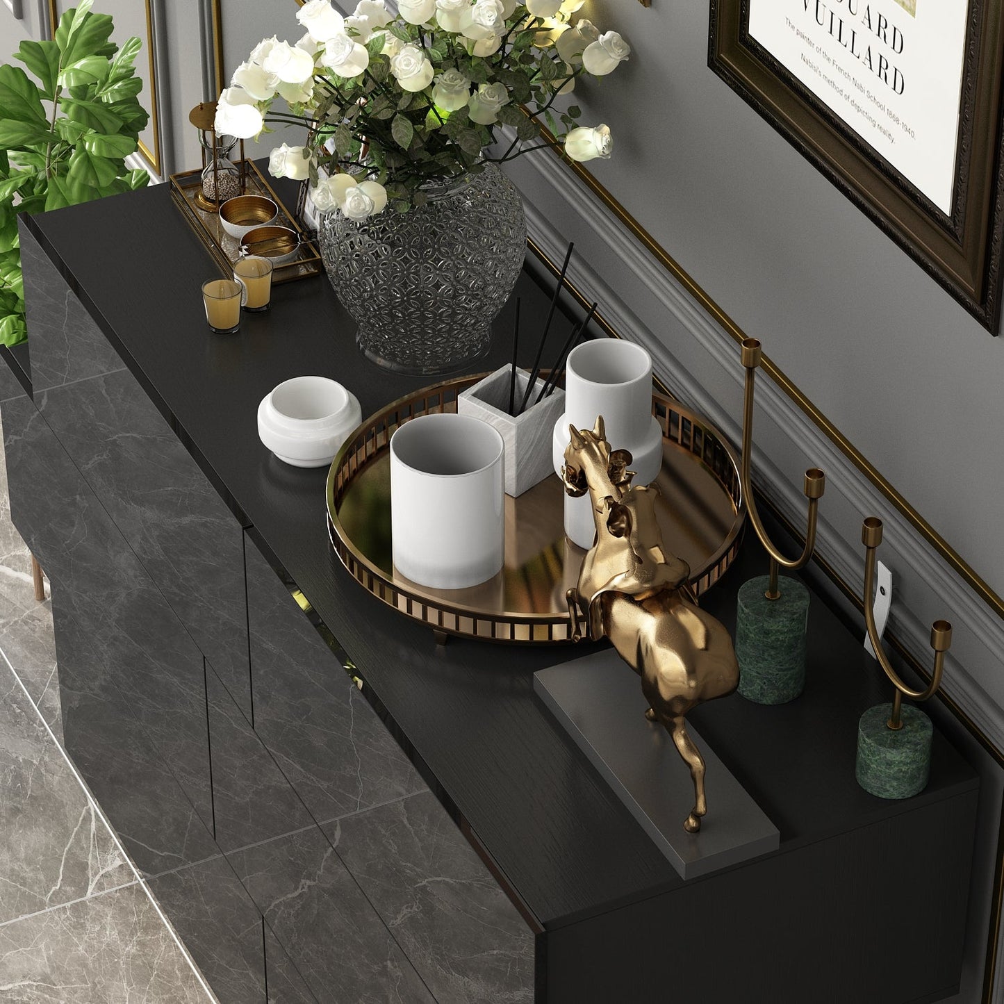 Commode double laquée brillante, buffet à 6 tiroirs pour salon