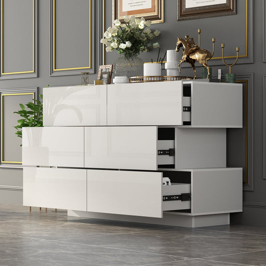 Commode double laquée brillante, buffet à 6 tiroirs pour salon