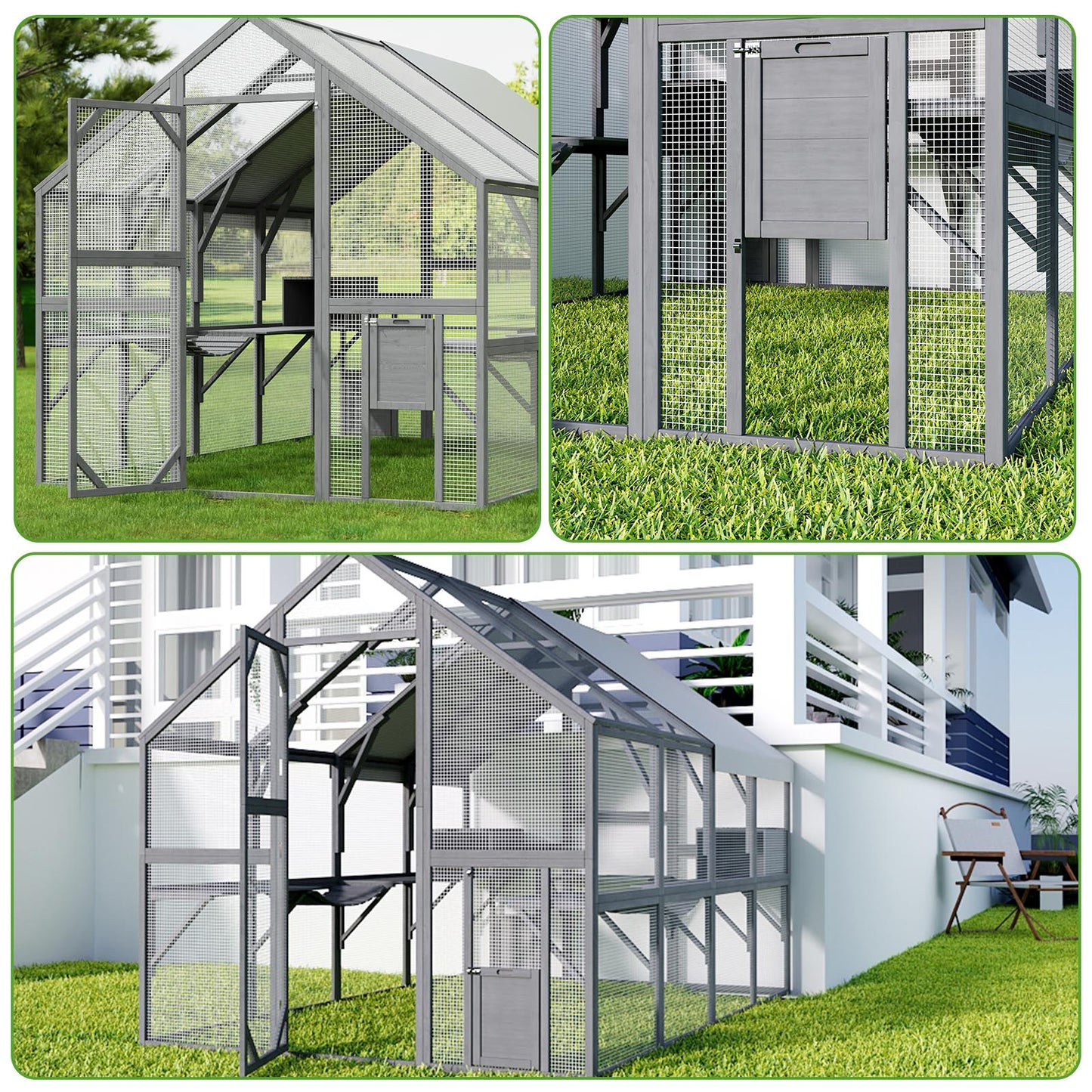 Grand enclos extérieur en bois pour chats, comprenant des niches, des ponts et des allées.